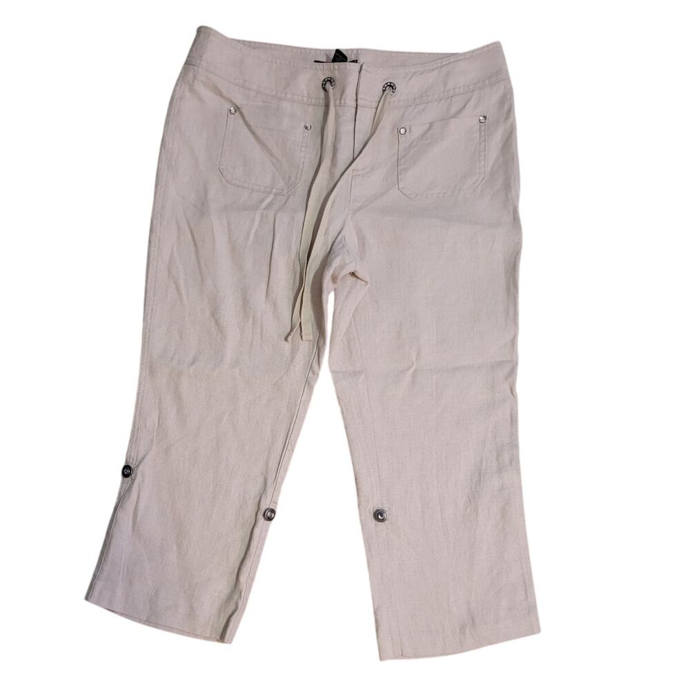 INC Linen Convertible Capri Pants Neutral Tan Bermuda Button Tab 8P Resortwear